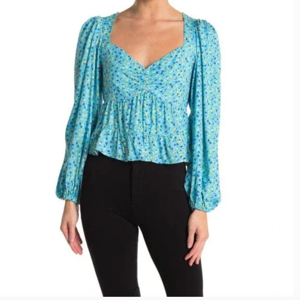 AFRM Soni Ruched Balloon Sleeve Crop Top Ditsy Floral Blue, Size M